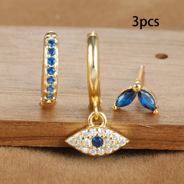 3pcs Stainless Steel Blue Zircon Evil Eye Hoop Earrings Set For Women 18K Gold Plated Cartilage Piercing Earring Fashion Jewelry 2