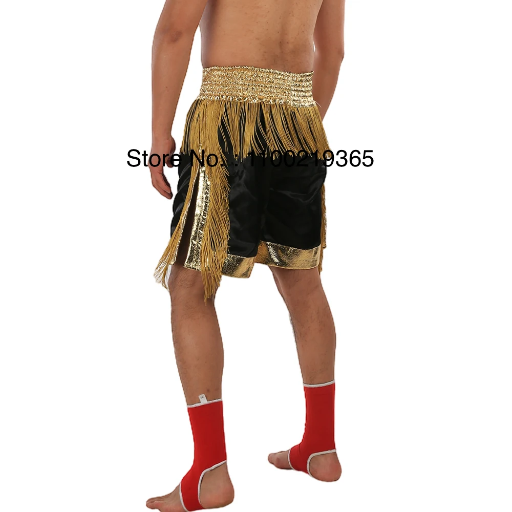 Muay Thai Boxing Shorts Men Women Child Gold Tassels Satin Fabric Grappling Kickboxing Pants Gym Martial Arts Cage Fight Pants