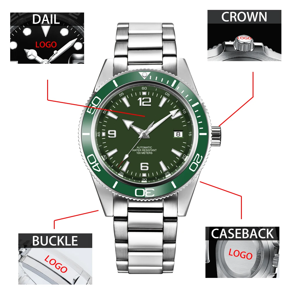 Gustom logo automatique mécanique hommes montre 41mm NH35 mouvement saphir bracelet en acier montre étanche lumineux 90 anneaux Corgeut