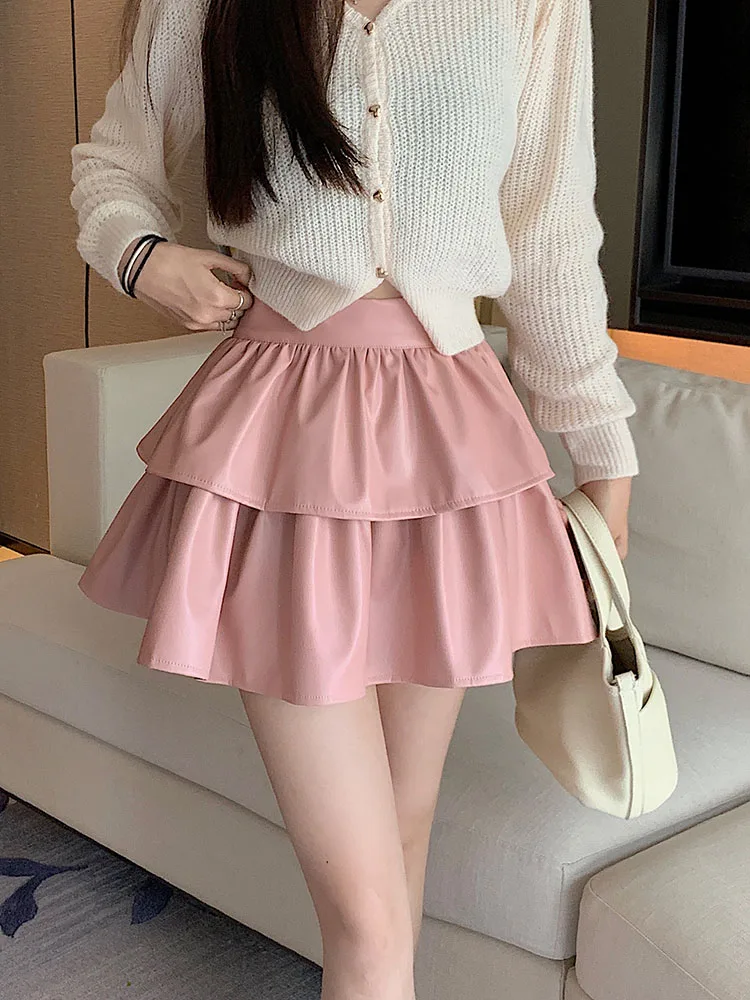 

A-line skirt women spring autumn 2023 new Korean style cake fluffy skirt high waist sweet cute girl pink leather skirt freshing