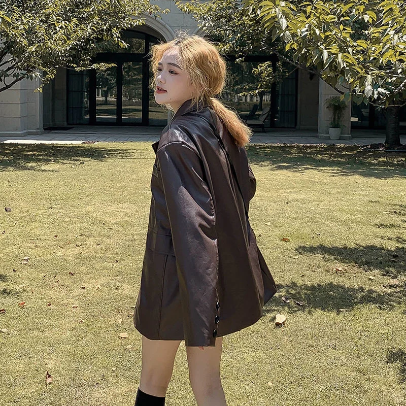 Vintage Leather Jacket Women 2022 New High-grade Suit Collar Brown PU Leather Jacket Coat, Harbor Wind Fashion