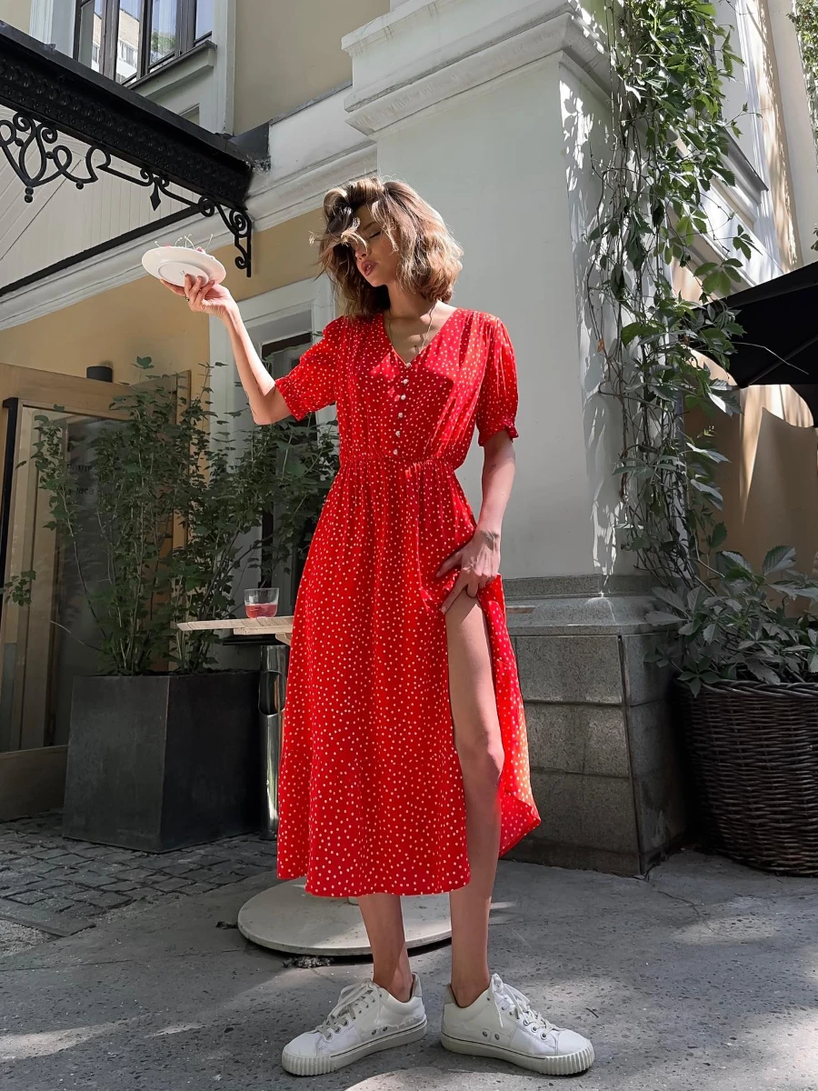 Bornladies Red polka Dot Dress Women Summen Loose V-Neck