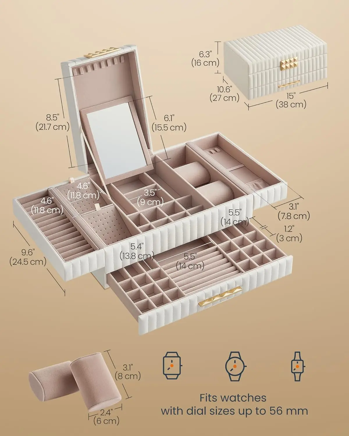 Large capacity jewelry box with mirror, jewelry storage with drawers, PU surface with stitching, 10.6 x 15 x 6.3 inches 5