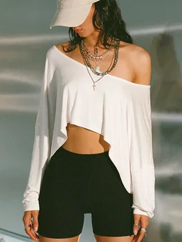 Streetwear Off-shoulder Crop Top Vintage 2000s White Long Sleeve Loose T Shirts Women Casual Autumn y2k T-shirt Harajuku 1
