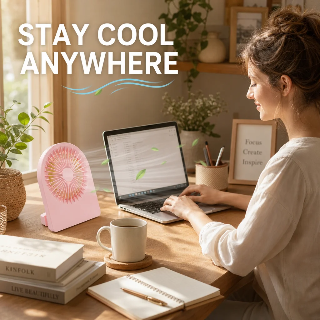 Compact USB Rechargeable Desk Fan with Cellphone Holder – 3-Speed, Low Noise, Portable Air Cooler