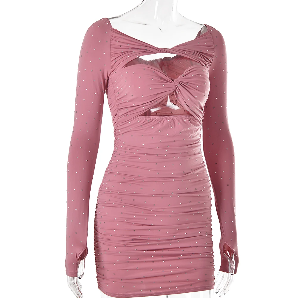 Ruched Cut Out Diamonds Long Sleeve Mini Dress Women Shirring Sweetheart-neck Slim Wrap Skirt Elegant Bodycon Partywear