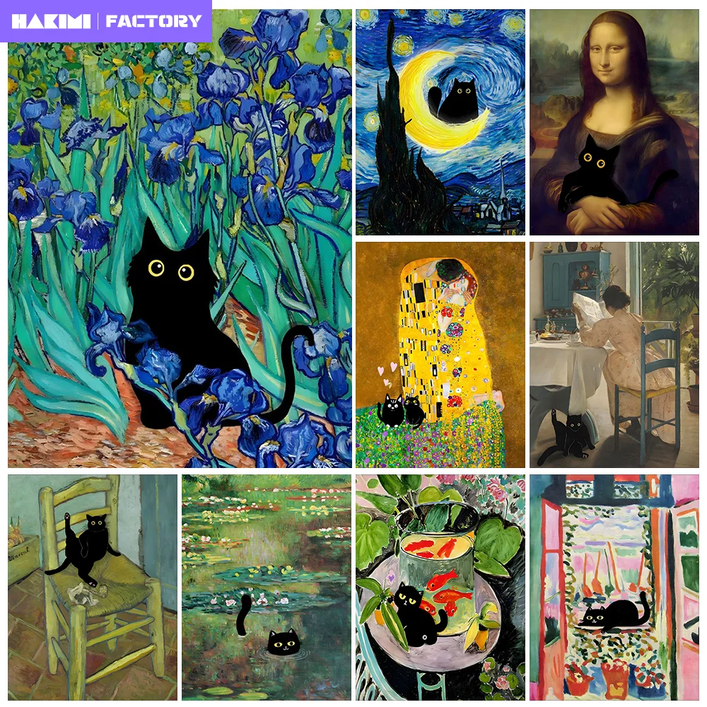 

AB Diamond Painting Famous Paintings Mona Lisa Starry Night With Funny Black Cat Poster Embroidery Rhinestone Home Decor