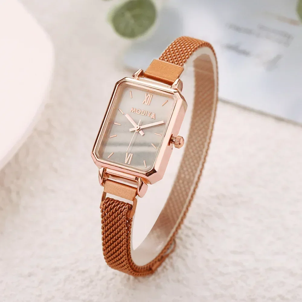2024 New Women Watches Fashion Square Ladies Quartz Watch Magnetic Strap Green Dial Simple Rose Gold Mesh Luxury Women Watches 2