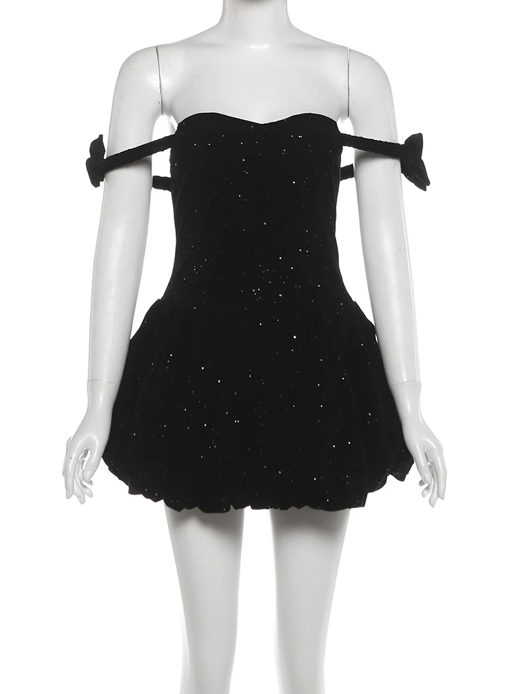 Nibber Fine Glitter Christmas Dress Women Slash Neck Sleeveless Fluffy Hem Folds Slim Fashion Sweet Elegant Party Mini Bodycon