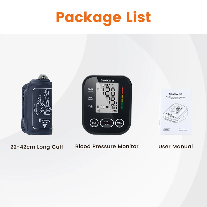 Sinocare Blood Pressure Monitor Digital Blood Pressure Measuring Device Home Use Blood Pressure Meter 22-42cm Long Cuff 5