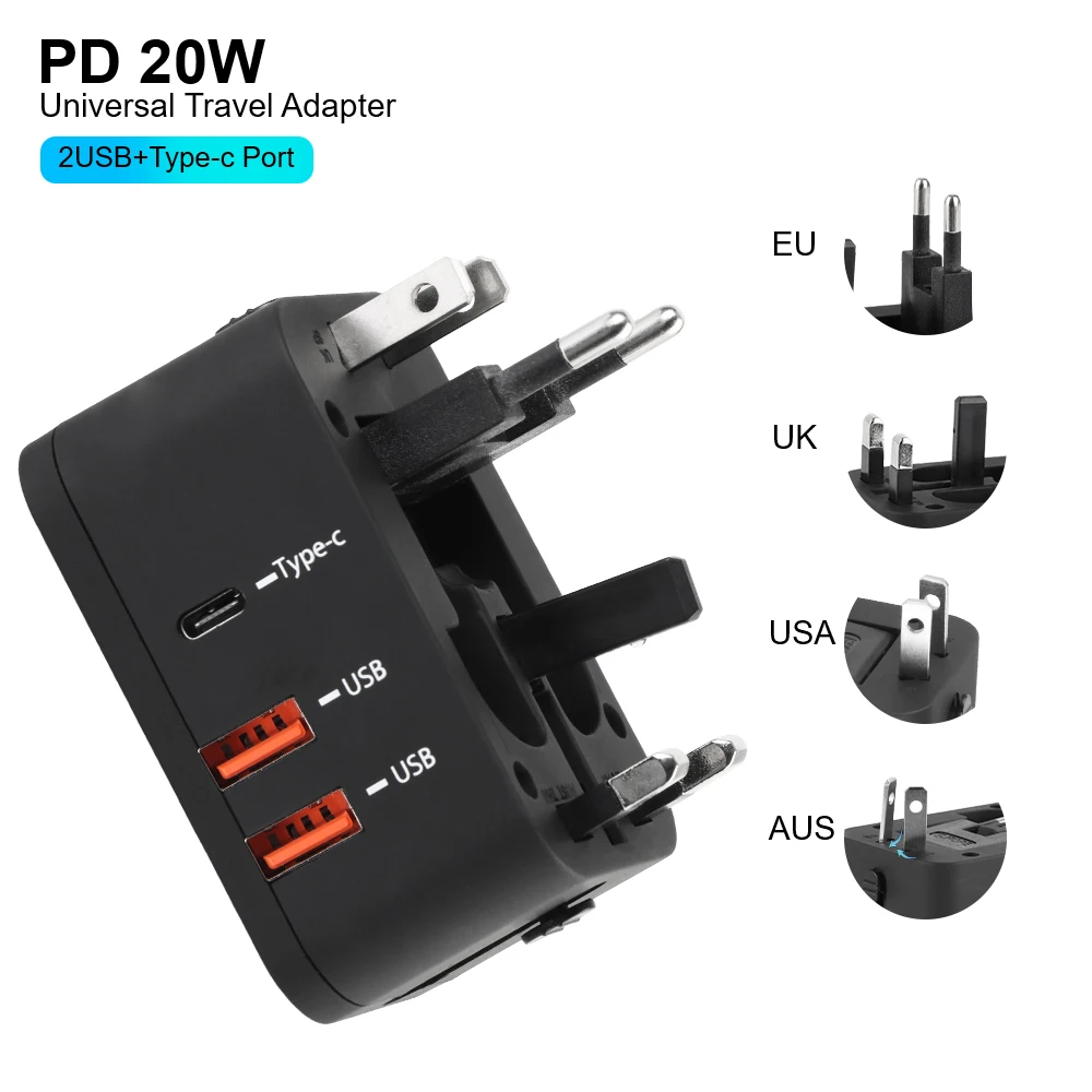 Travel Adapter Wall Charger with USB Charger 20W 6A Travel Conversion Plug Dual USB Port + Type-c USA EU UK AU Plug Universal power plug adapter conversion plug wall charger adapter universal socket adapter