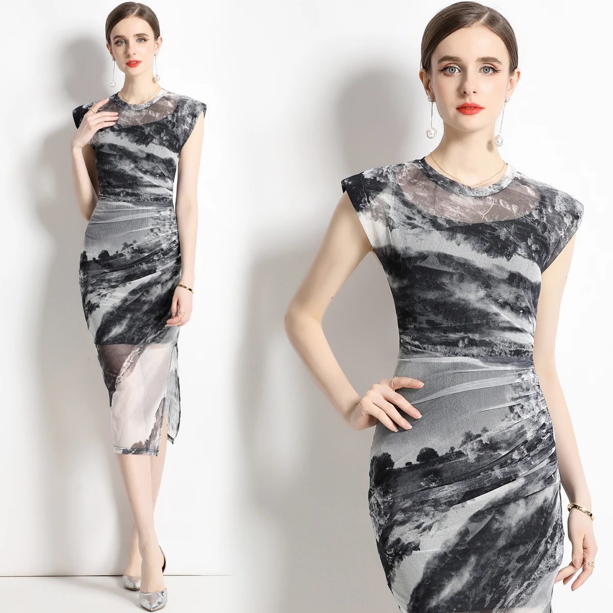 

Mesh dress print Chinese feng ink painting suspender two sets small dress HL9032073