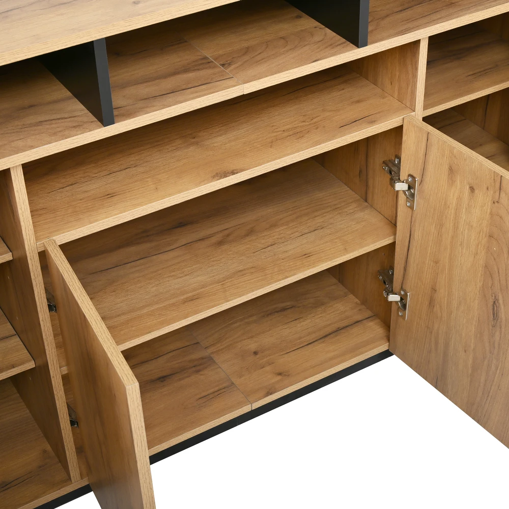 Natürliches Holz-Sideboard mit 4 Türen und 3 Offenen Regalen, Aufbewahrungsorganizer für Zuhause, Büro, Wohnzimmer und Flur – Detail 14