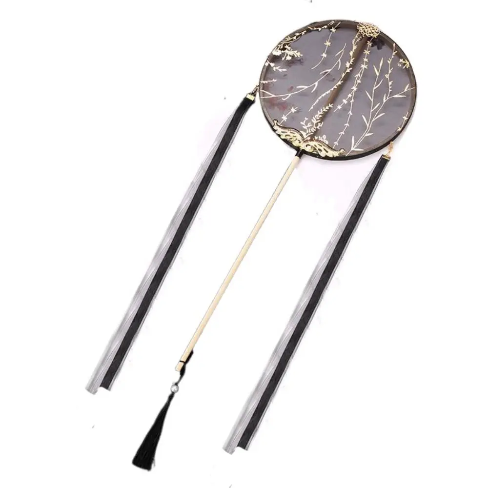 중국풍 원형 부채 긴 손잡이와 펜던트가 있는 실크 부채, 투명 자수 부채, 사진 촬영 소품