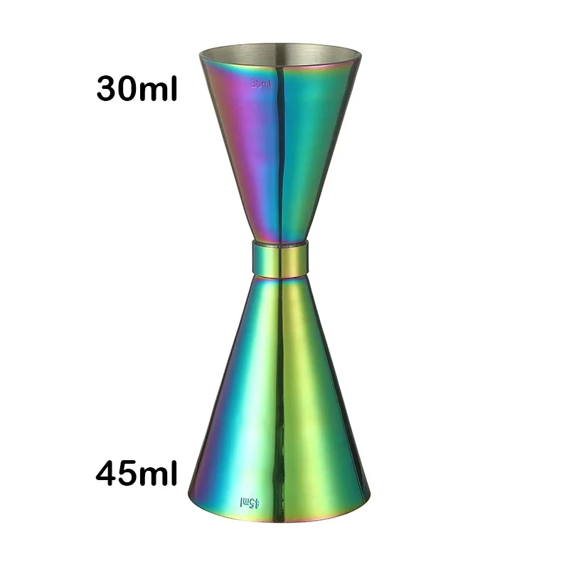 Assorted stainless steel cocktail jiggers for precise drink measurement in different sizes and finishes