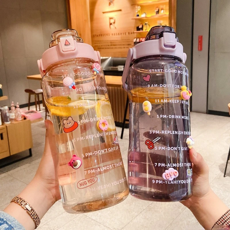 2 Liter Water Bottle with Straw Female Girls Large Portable Travel Bottles  Sports Fitness Cup Summer Cold Water with Time Scale