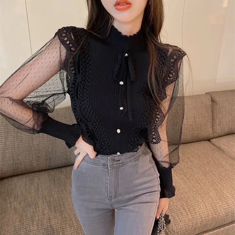 

New Spring Summer French Style Semi-high Collar Slim Knitted Stitching Long-sleeved Shirt Solid Color Fashion Elegant Blouse