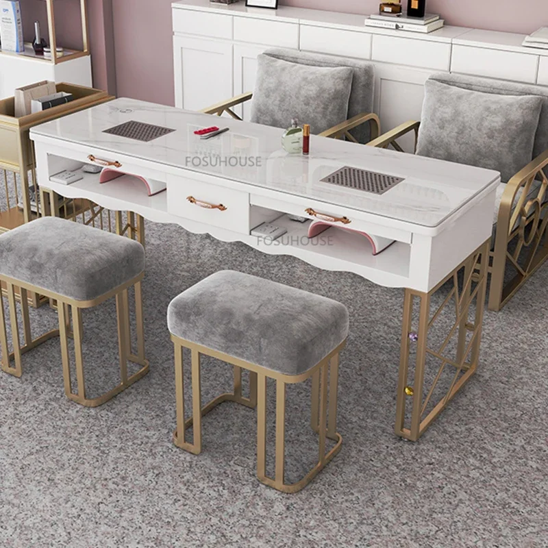 Nordic Wrought Iron Nail Tables For Commercial Furniture Nail Station Light Luxury Upscale Multifunction Marble Manicure Tables