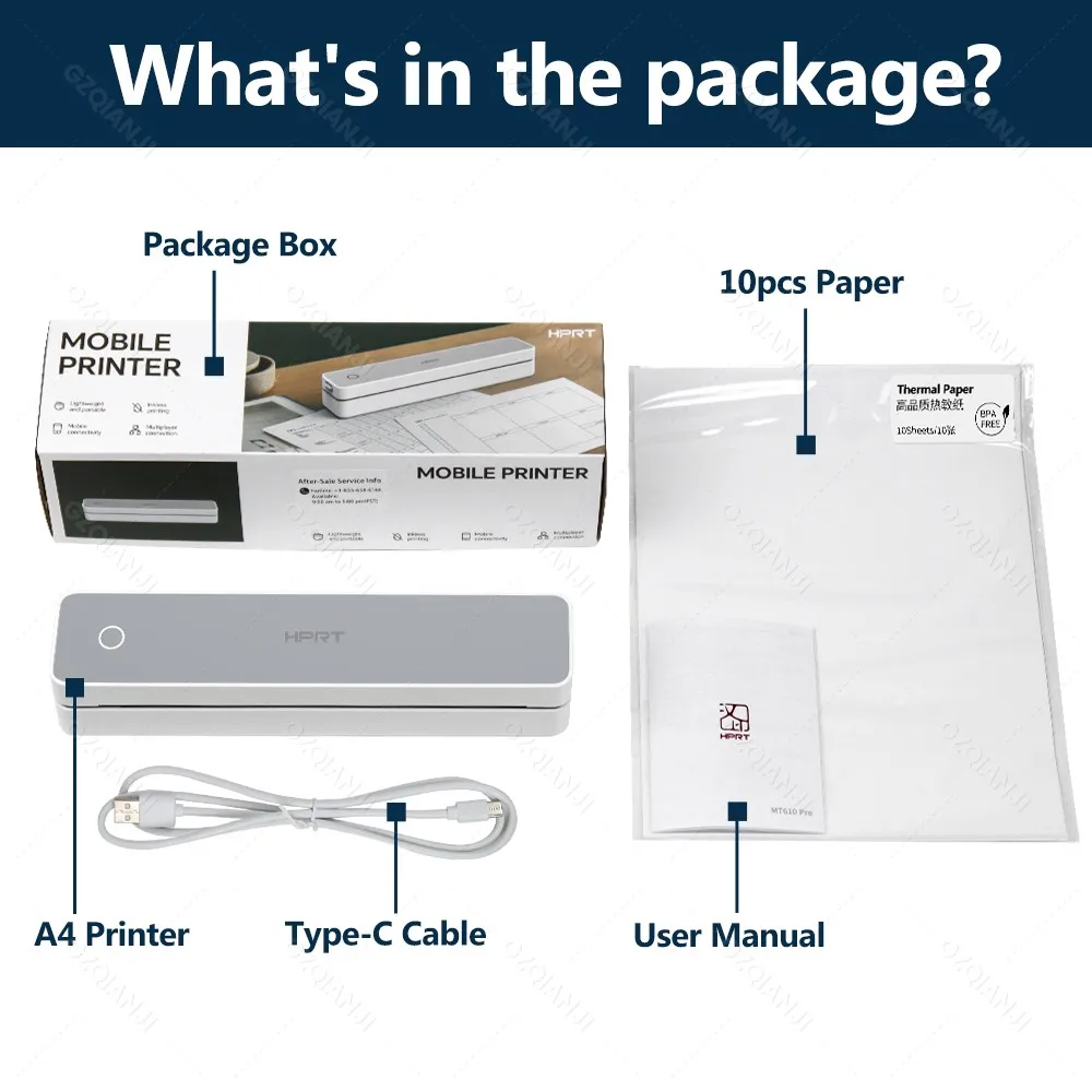 300DPI HPRT MT610 Pro A4 Portable Thermal Printer 210mm 216mm A4 US Letter Thermal Tattoo Transfer Paper Bluetooth USB Printing