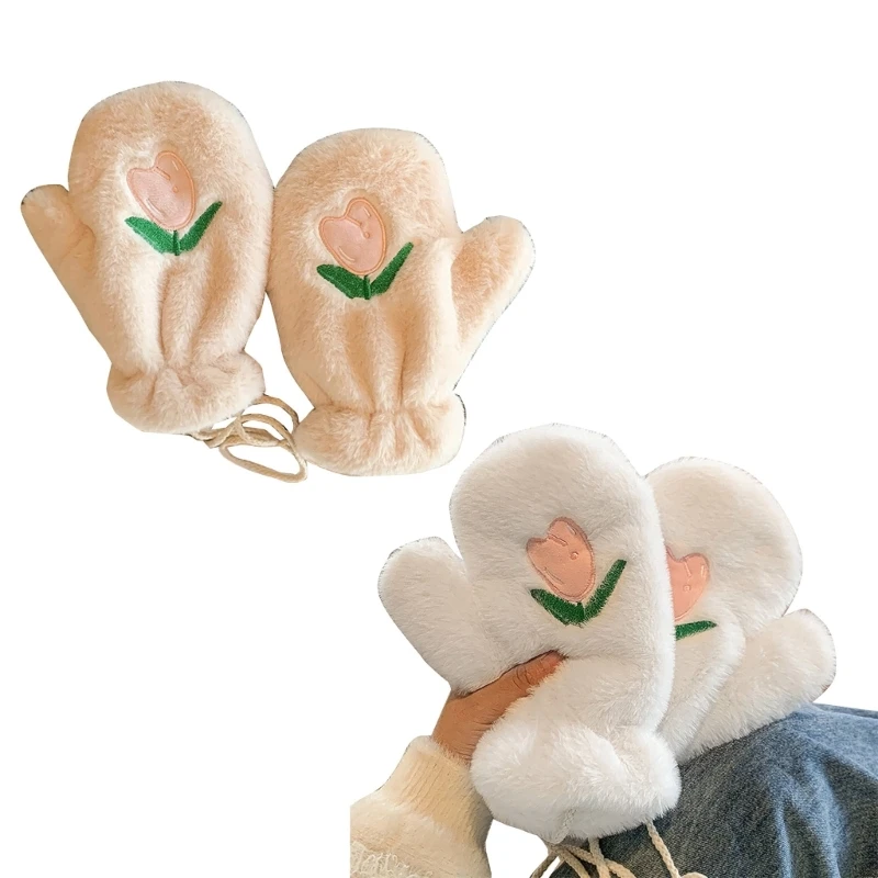 

Keep Warm Full Finger Gloves Couple Skiing Thicken Mitten with Embroidery Flower
