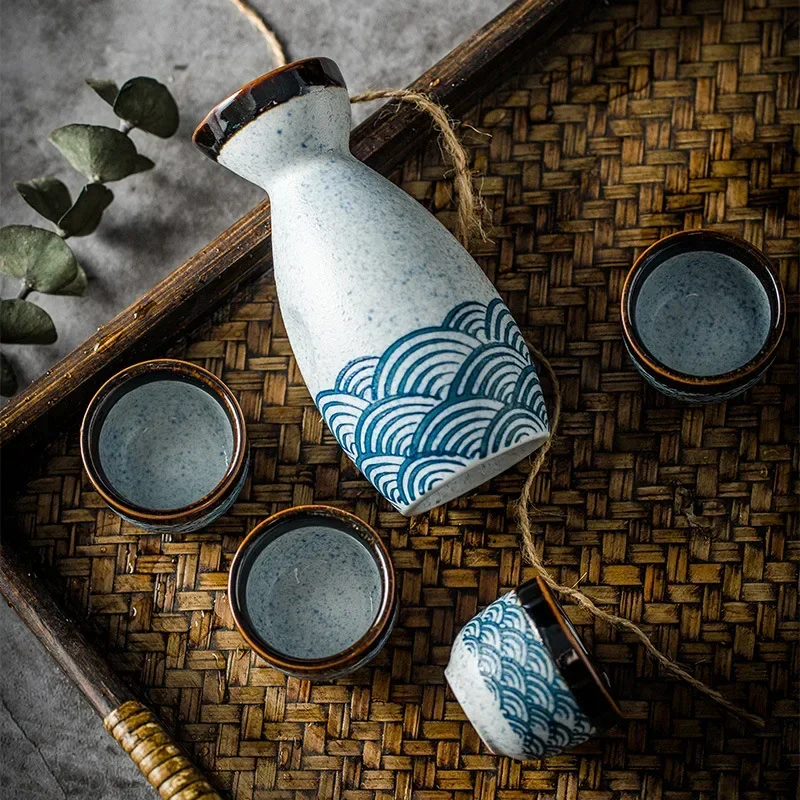 Japanese Traditional Ceramic Sake Set with Decanter and Cups Elegant Home Bar Ware for Housewarming Gift and Dining Table Decor