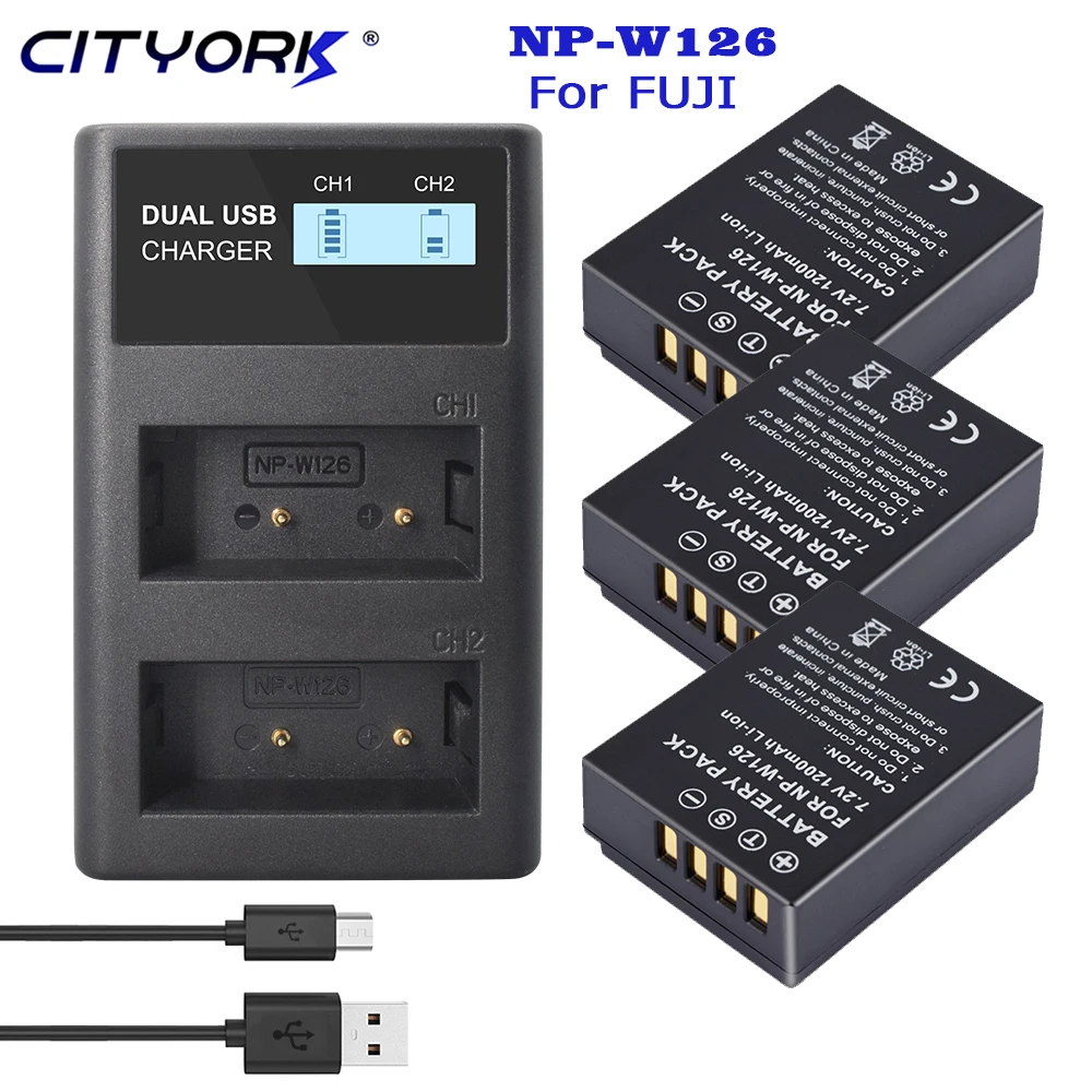 Batteria Cityork 1200Mah Np-W126 Npw126 Np W126 + Caricatore Doppio Lcd Per Fujifilm X100V X-T200 X-T100 X-T3 X-A2 X-A7 X-H1