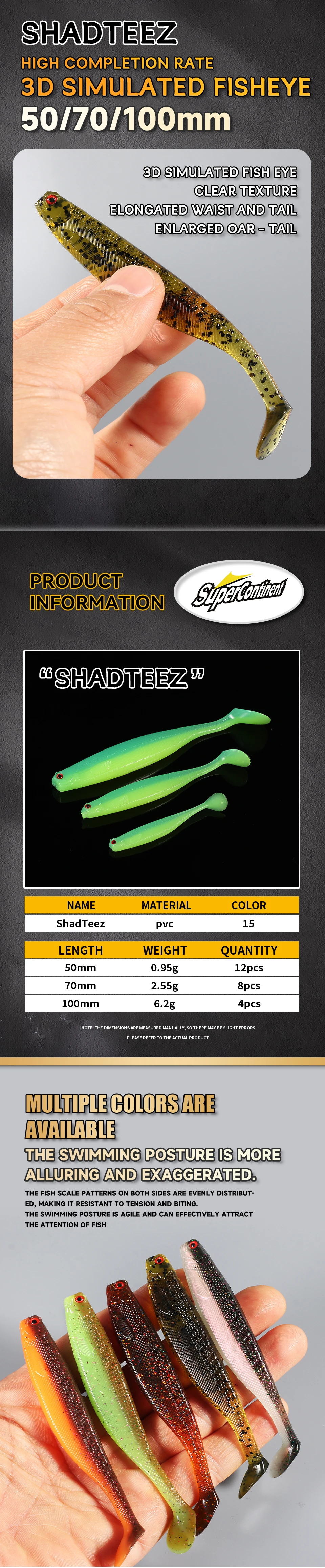 NEU Supercontinent ShadTeez T-Tail 50mm 70mm 100mm Pike Zander Predator Fishing 3D-Augen Weicher Köder Angelköder – Detail 1