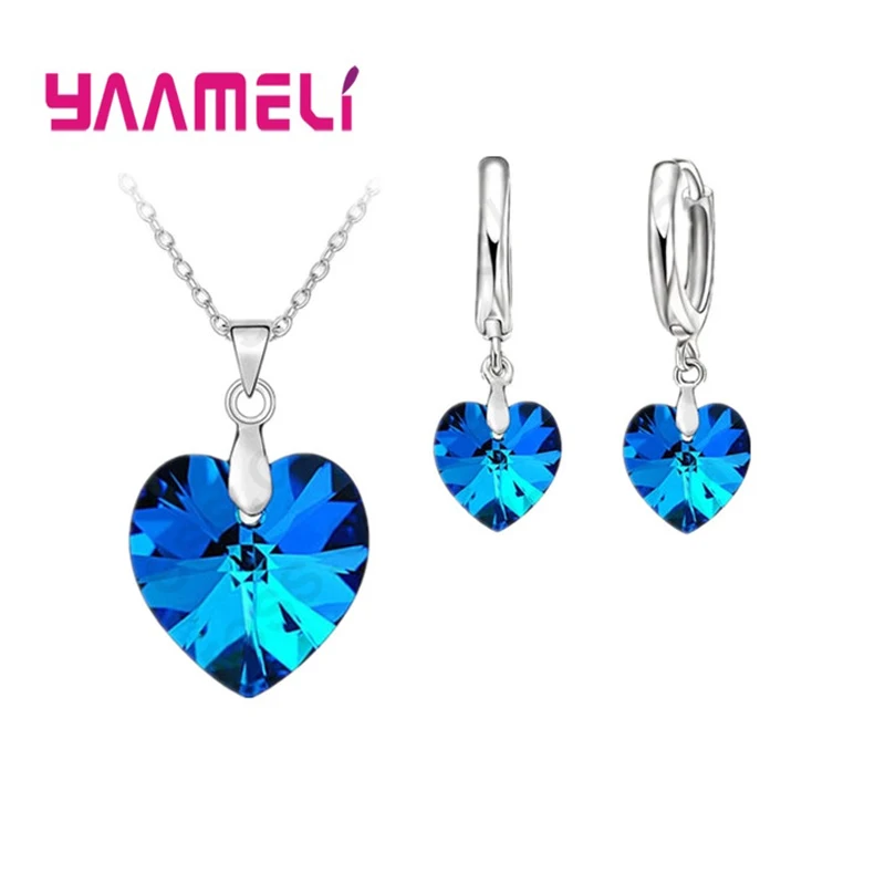 Romantische, deutlich österreichische Kristalle, 925er-Sterlingsilber, Schmucksets, Herz-Anhänger, Halsketten, Hebel-Rückseite, Ohrring für Damen