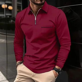 Camicia POLO da uomo casual Tasca con cerniera Risvolto decorativo Tendenza classica Tinta unita Comodo top a maniche lunghe di alta qualità
