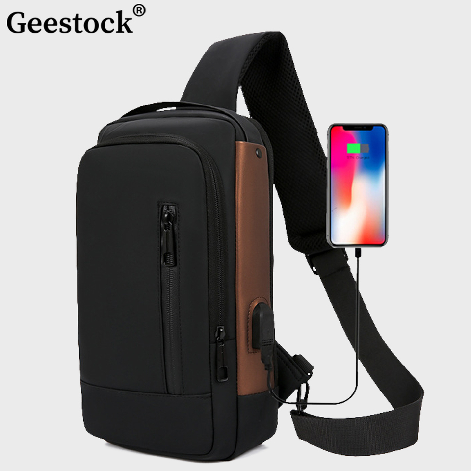 Geestock Men's Shoulder Bags Waterproof Usb Crossbody Oxford Bag Anti-Theft Sling Bag Short Travel Messenger Chest Pack For Male