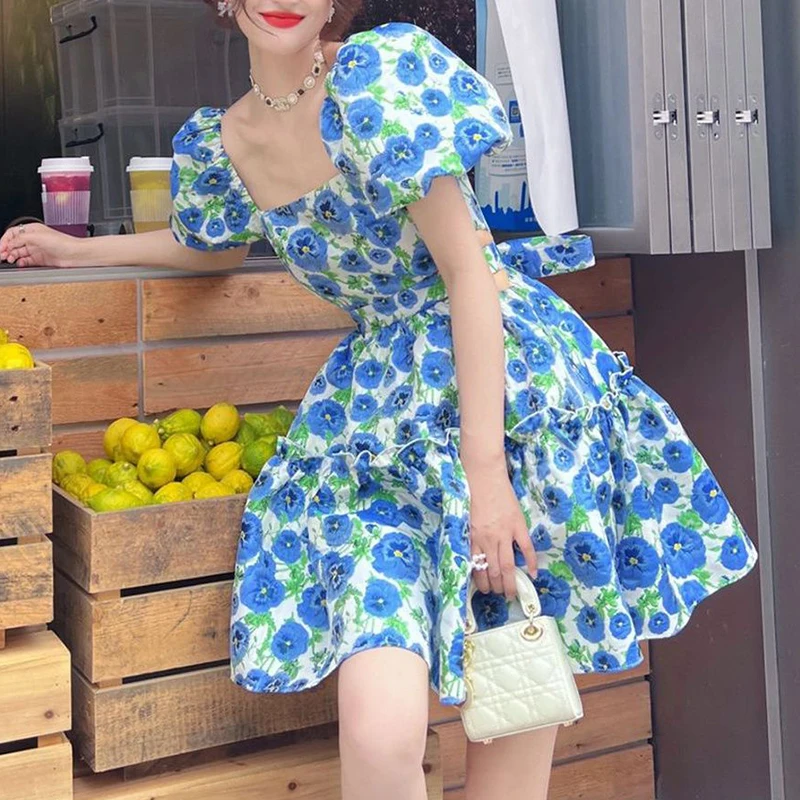 

Printed bubble sleeve dress small fresh square neck high waist short A-line bodycon dress vintage dress