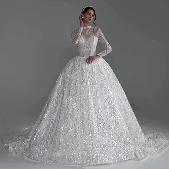 Abito da sposa completamente in rilievo che borda con abito da ballo Glitter collo alto manica intera abito da sposa personalizzato bottone Vestido De Novia