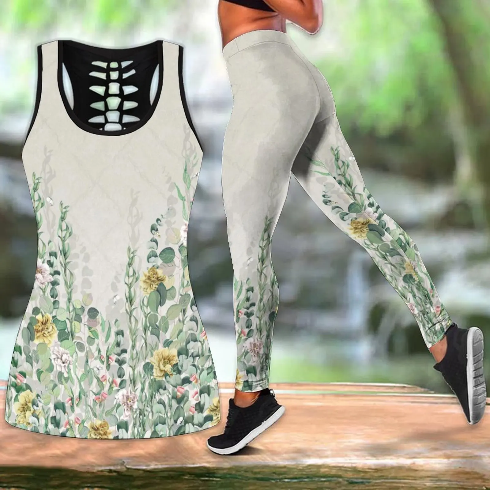 

Summer Fashion Yoga Suit Flowers And Leaves Print Yoga Set XS-8XL
