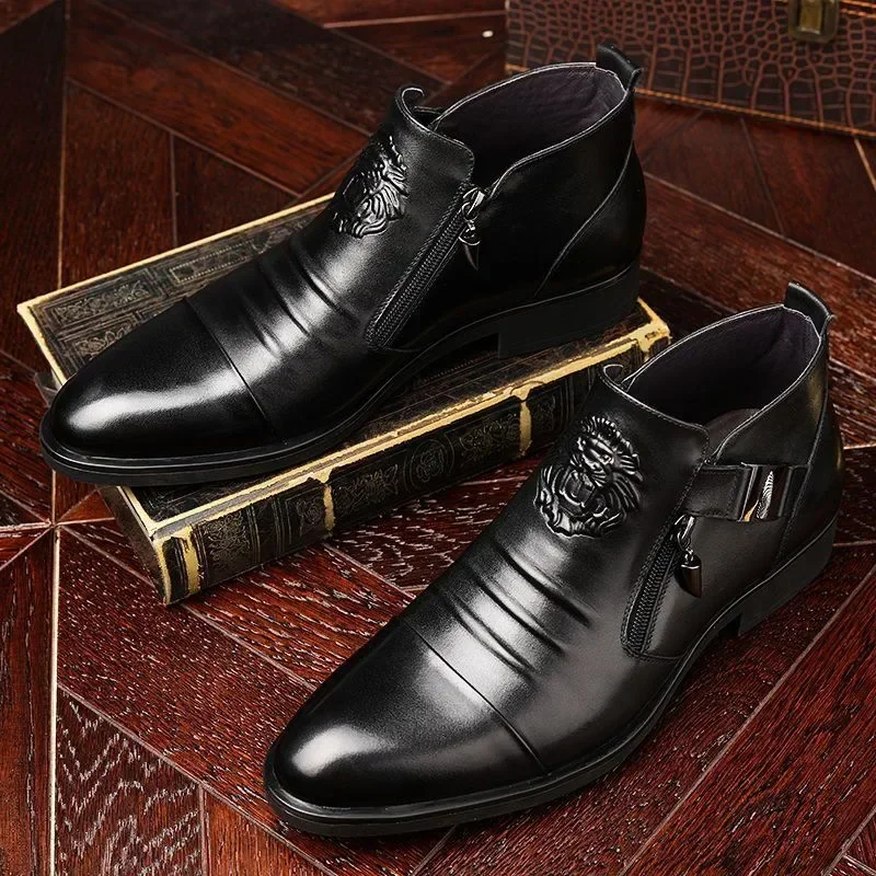 High Top Men Shoes Autumn Men's Casual Leather Shoes Double Sided Zippered Boots Man Ankle Boots Pointed Toe Low (1cm-3cm)