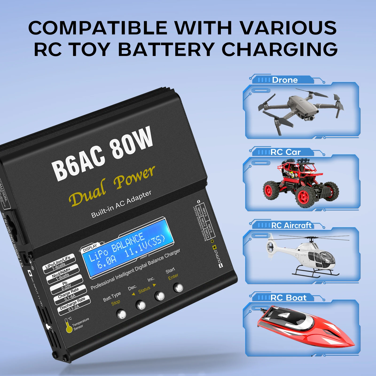 Chargeur d'équilibre B6 AC RC 80W 6A avec câbles et adaptateurs pour batteries LiPo, LiFe, NiMH, NiCd, PB