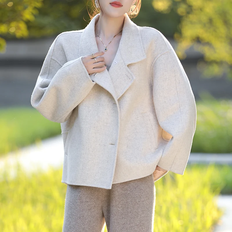 Women's Short Coat Pure Wool Autumn-Winter Warm Thickening Top Solid Color Cute Comfortable Outerwear Coat