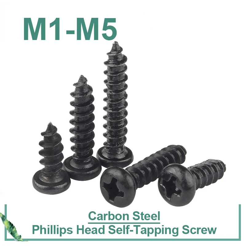 100 pcs/lot M1 M1.2 M1.4 M1.5 M1.7 M2 M2.3 M2.6 M3 M3.5 M4 M5 Black Carbon Steel Phillips Self-tapping Screws Cross Round Head