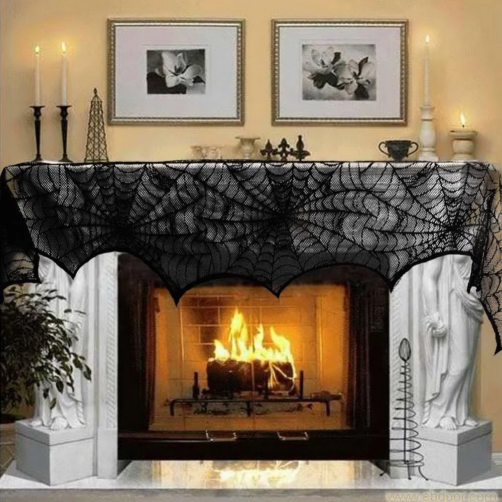 

Halloween Decoration Lace Spider Web Tablecloth Black Table Runner Fireplace Mantel Scarf For Event Party Decoration Supplies