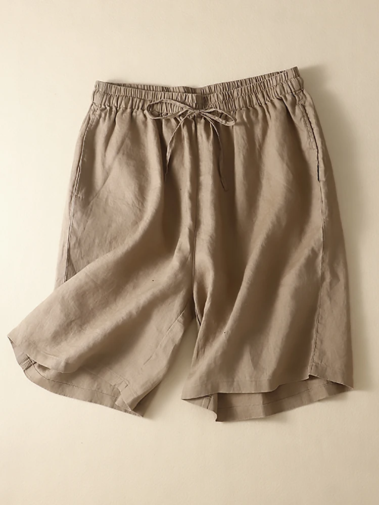 

Summer Women's Cotton Linen Shorts Half Length Trendy Elastic Waist Japan Harajuku Solid Color Loose Casual Straight Short Pants