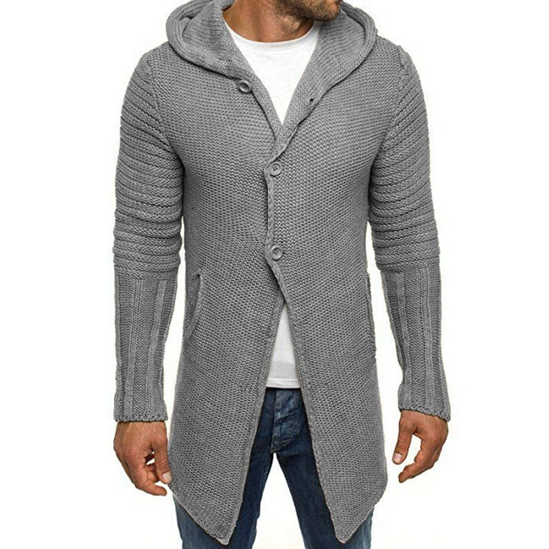 Vintage Solid Knitted Overcoats Men Fashion Button-up Long Sweater Coats Mens Clothes Winter Warm Knit Hooded Cardigans Jackets