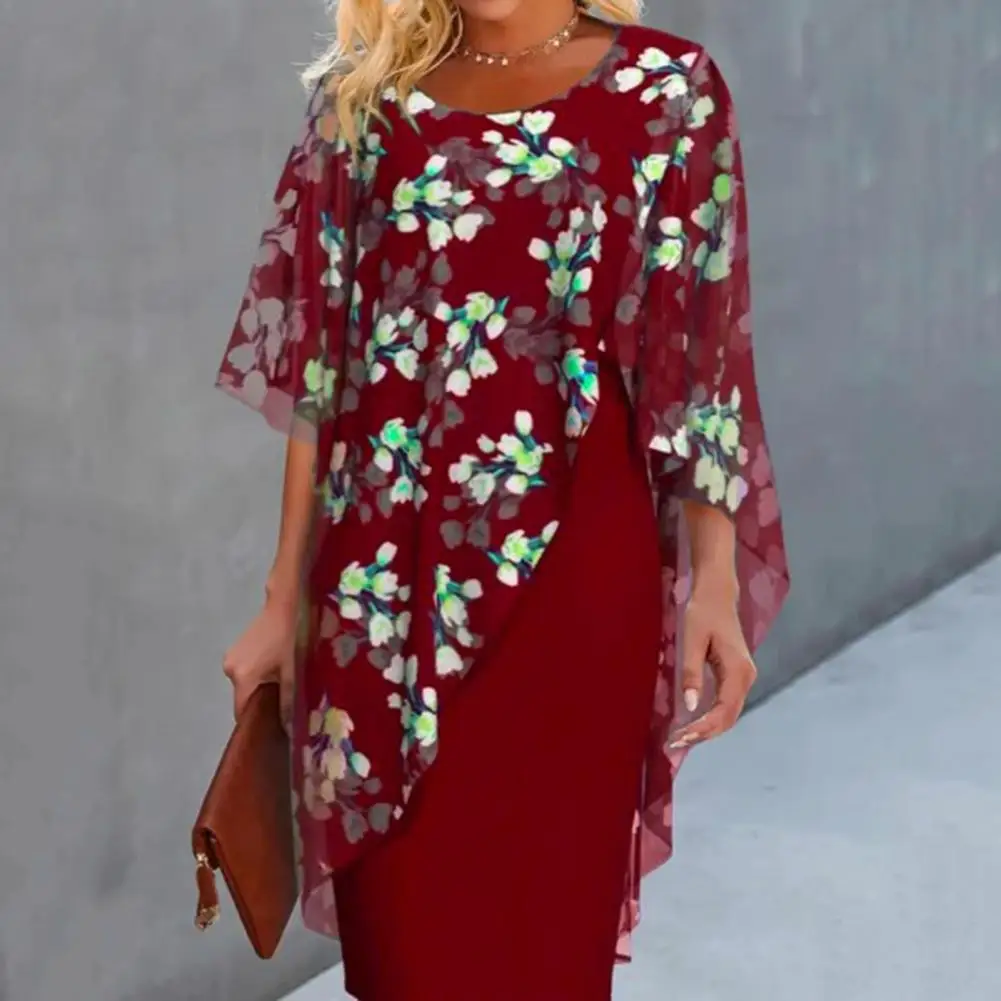 

Lady Commute Dress Elegant Floral Print Chiffon Midi Dress for Women Sheath Style with Half Sleeves Round Neckline for Formal