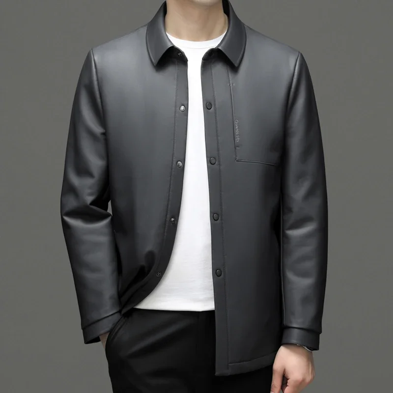 

Genuine Leather Jacket Men's down Warm Coat Mid-Length Lapel Casual Motorcycle Leather Coat Men's Trench Coat