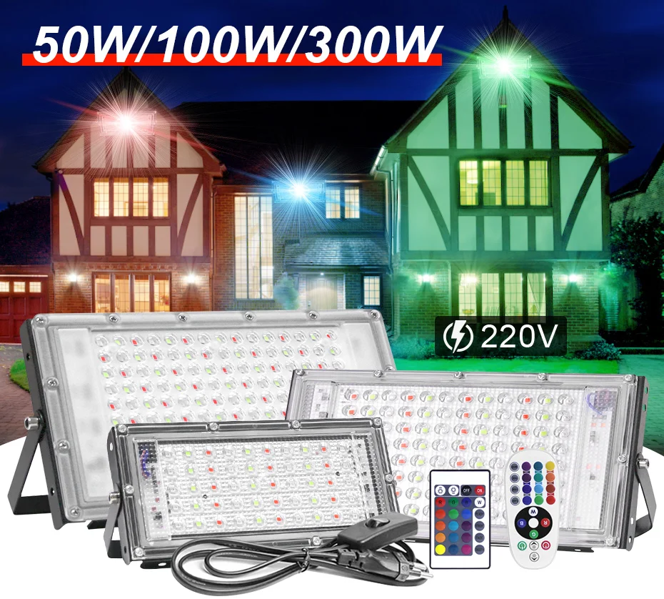 Description Picture 2 of item50W 100W 300W RGB Flood Light Outdoor Spotlight Lighting IP65 Waterproof LED EU Plug Floodlights With Remote Control AC 220V