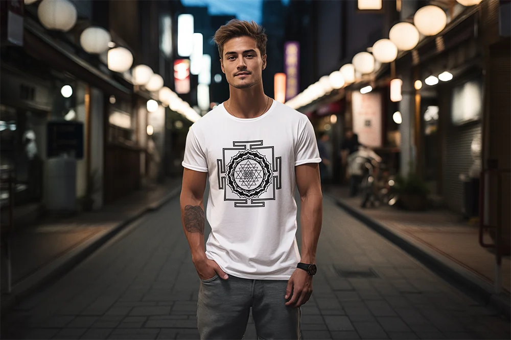 Heiliger Geometrie Metatrons Würfel Shri Yantra-kosmischer Leiter des Energie-T-Shirts für Männer Baumwolle bedruckte Kleidung in Übergröße – Detail 1