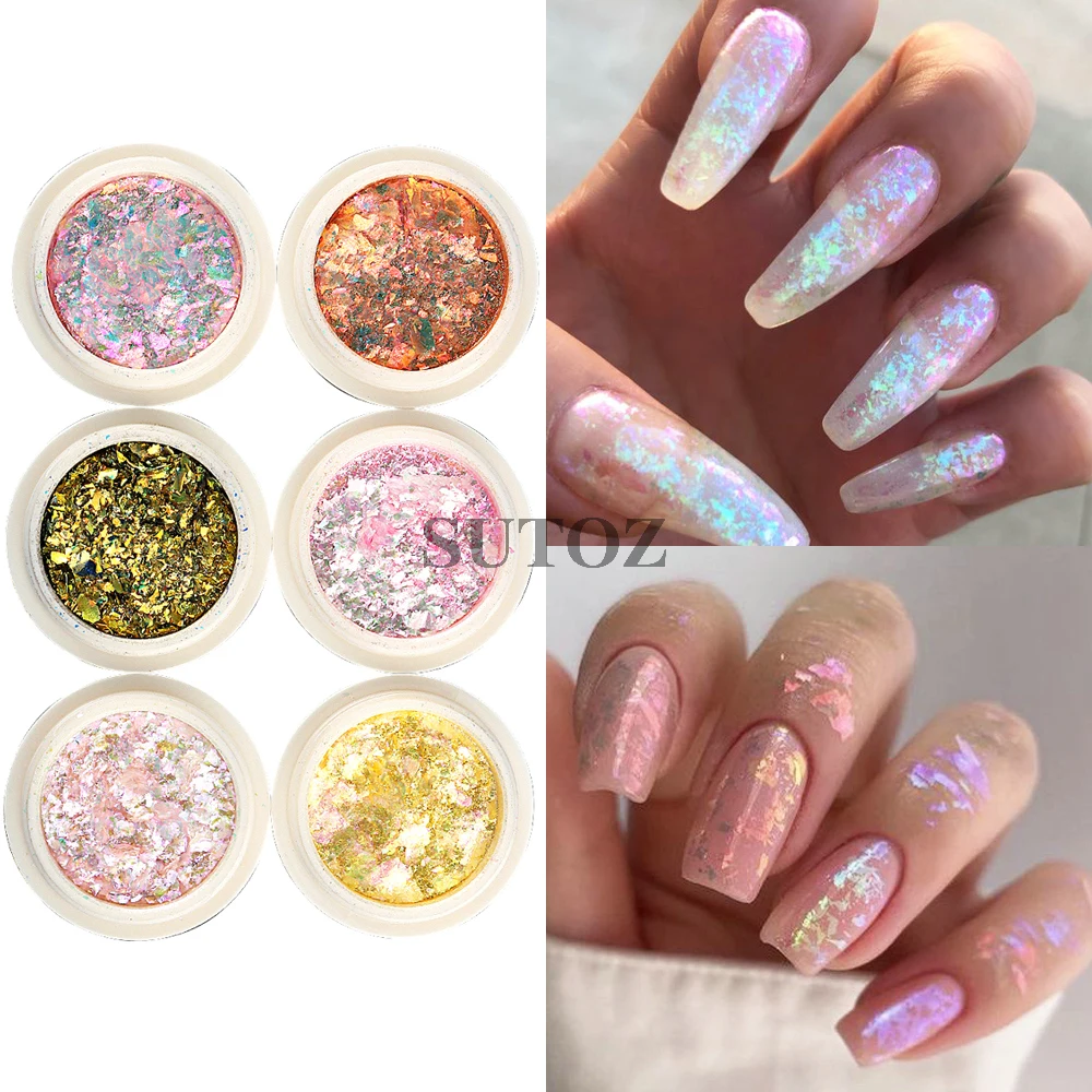 Crystal Opal Nail Flakes Pink Purple Holographic Glitter Nail Sequins Aurora Chrome Foil Powder DIY Manicure Decoration GLB-ONB