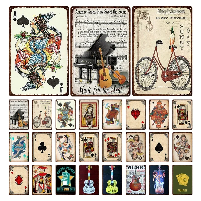 

Poker Shabby Vintage Posters Music Piano Guitar Metal Plate Tin Sign Different Style Wall Decor Iron Painting Poker Decor Art