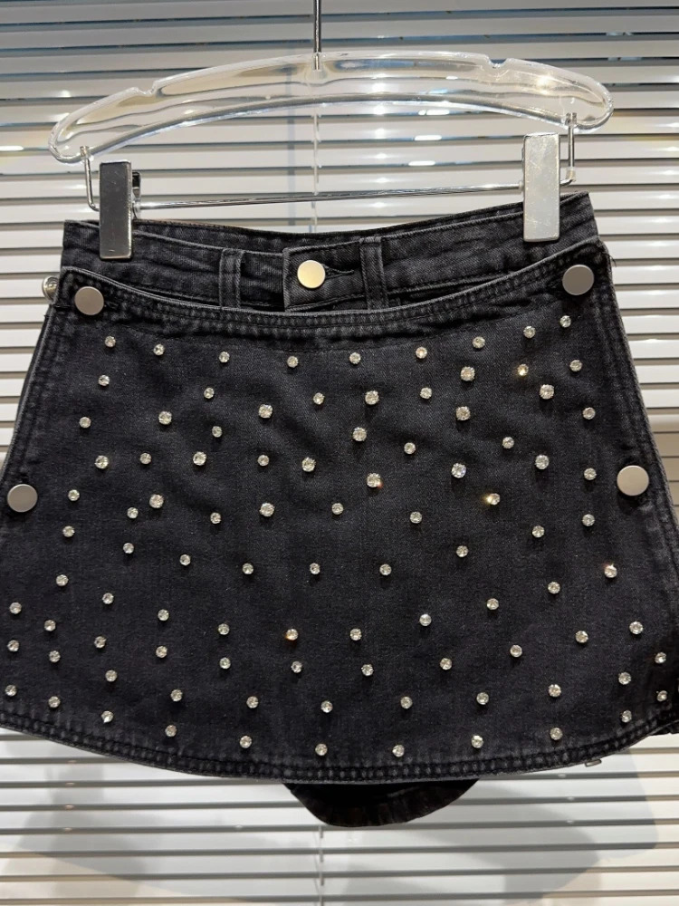 Heavy Industry Starry Rhinestone Beaded High Waist Denim Skirt Female 2023 Summer New Black Pantskirt Mini Skirts for Women