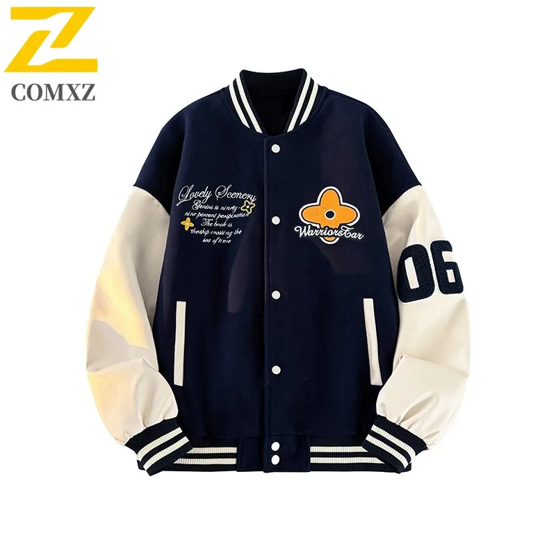 ​COMXZ Men Vintage Baseball Jacket Fall American Style Retro Windproof Waterproof Bomber Coat  Embroidery Streetwear Oversized