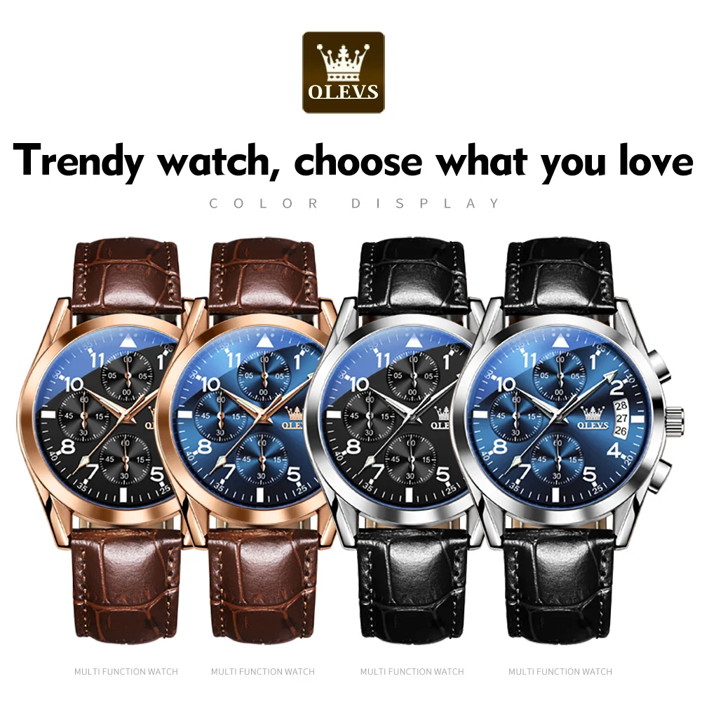 OLEVS Luxury Brand Quartz Watch Leather Strap Calendar Men's Watch Waterproof Luminous Original Authentic Chronograph Male Watch