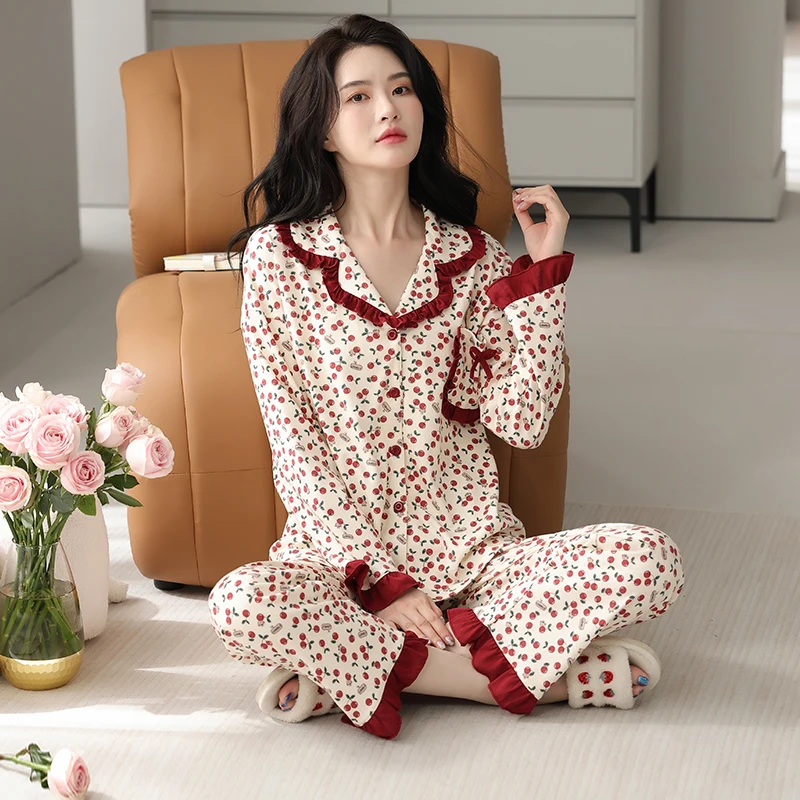 Autumn / Winter New 100% Cotton Long-sleeved Trousers Ladies Pajamas Suit 4XL Plus Size Long Sleepwear Women's Home Nightwear